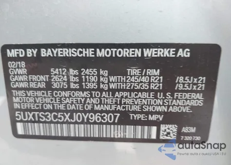 2018 BMW X3 M40I z USA, uszkodzony, nr VIN 5UXTS3C5XJ0Y96307